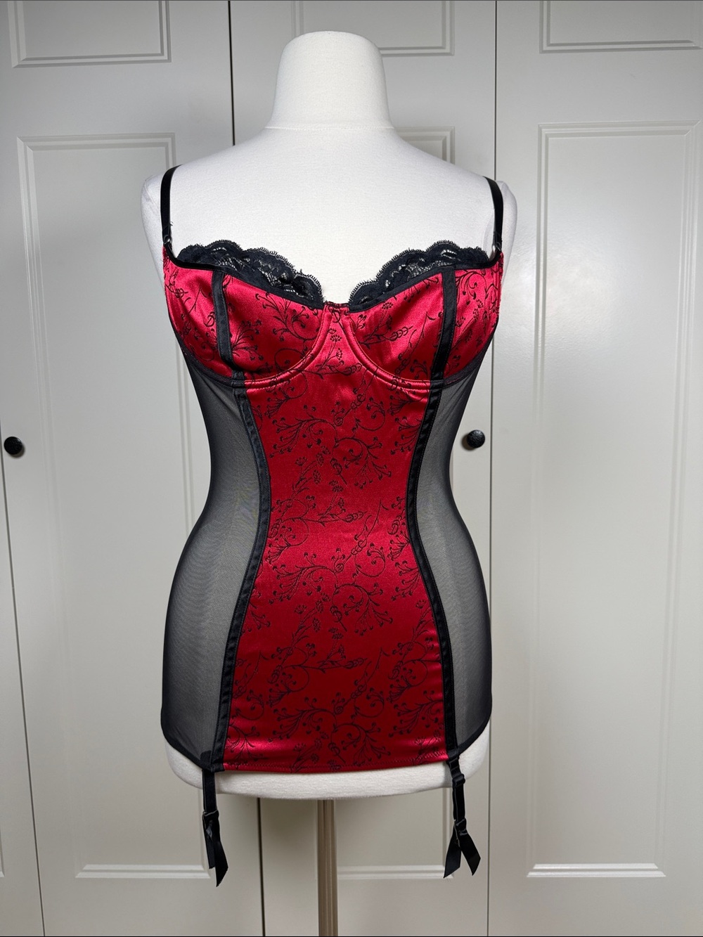 Shirley of Hollywood Red and Black Satin Lace Bustier Chemise Size XL